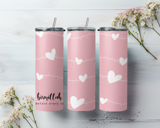 Bismillah Before Every Sip – Pink Heart Tumbler - 20 oz